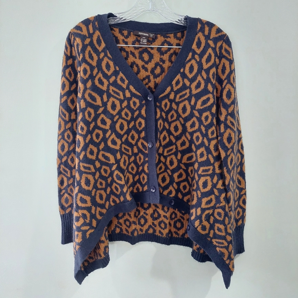 Kerisma Cardigan Sweater Small Navy Blue Tan V-neck Animal Print Button Front